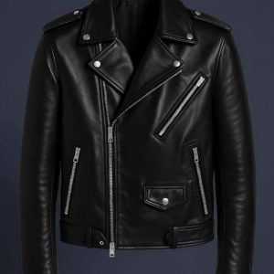 men's classic black genuine leather biker jacket with asymmetrical zippers
