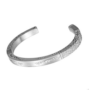 men's etched stainless steel cuff bracelet with geometric and tribal engravings