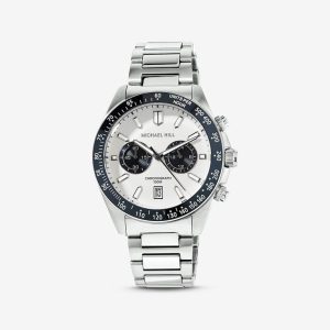 men's silver tone stainless steel chronograph watch with blue tachymeter bezel