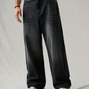 men's baggy fit distressed denim jeans in washed black