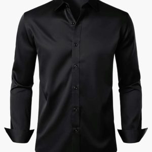 men's premium black satin silk dress shirt